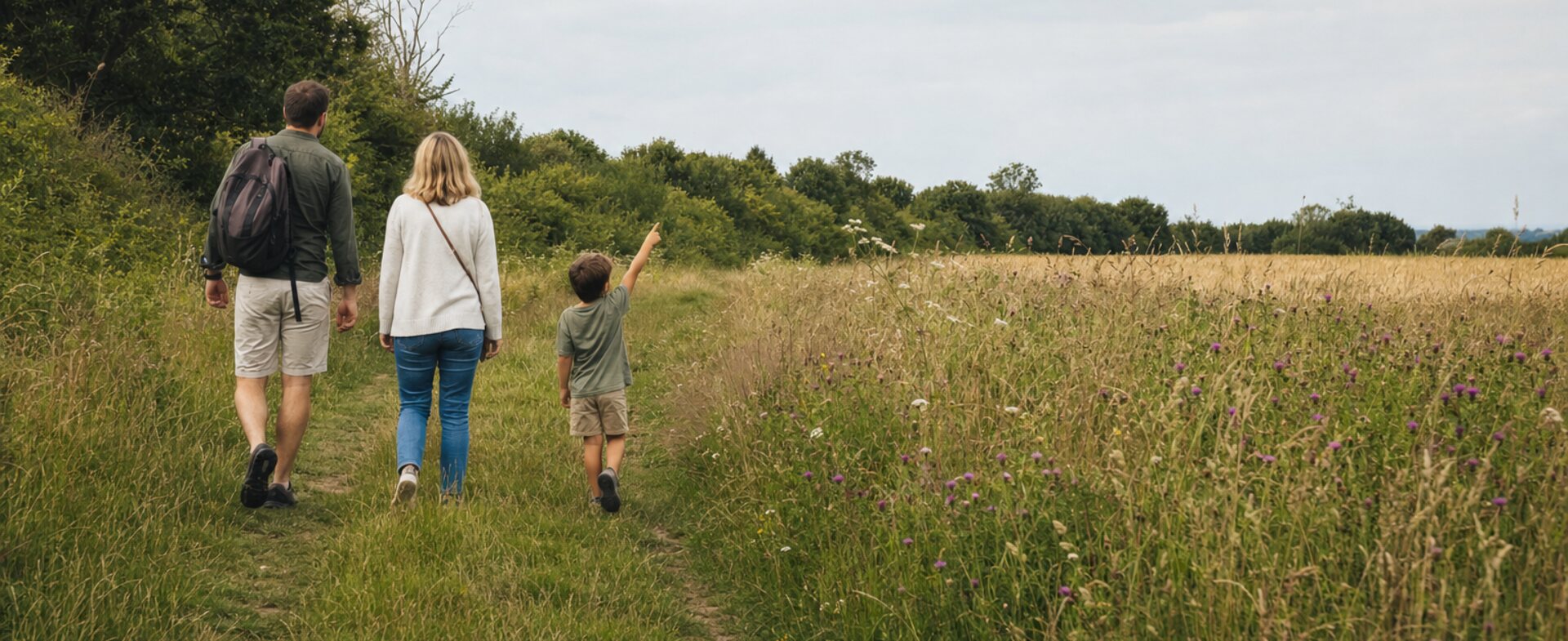 A family walking a meadow path together, a child pointing at something overhead