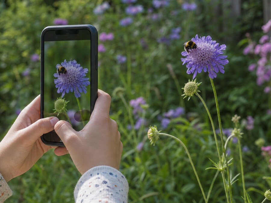 A child holding a phone up to a bumblebee on a garden flower
