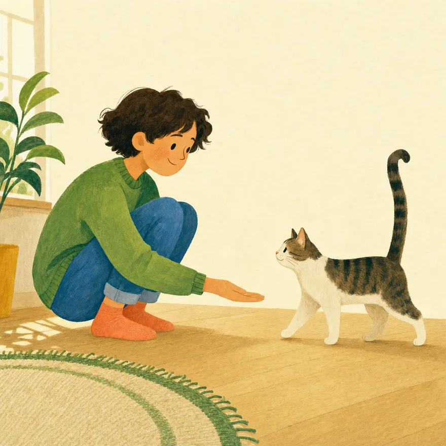 An illustration of a person crouching with a hand held out as a cat walks towards them with its tail held straight up