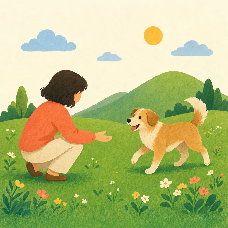 An illustration of a person crouching in a meadow to greet a friendly dog