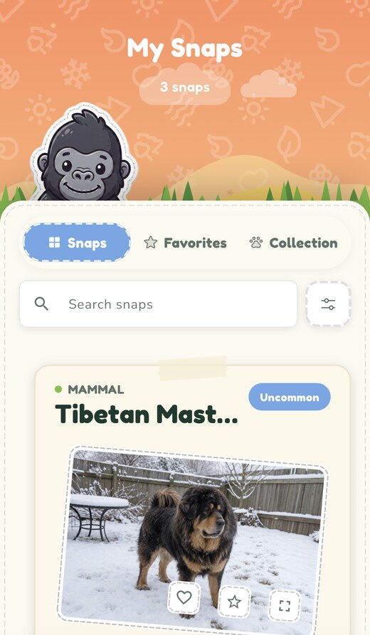 WunderWild My Snaps screen with a Tibetan Mastiff snap card